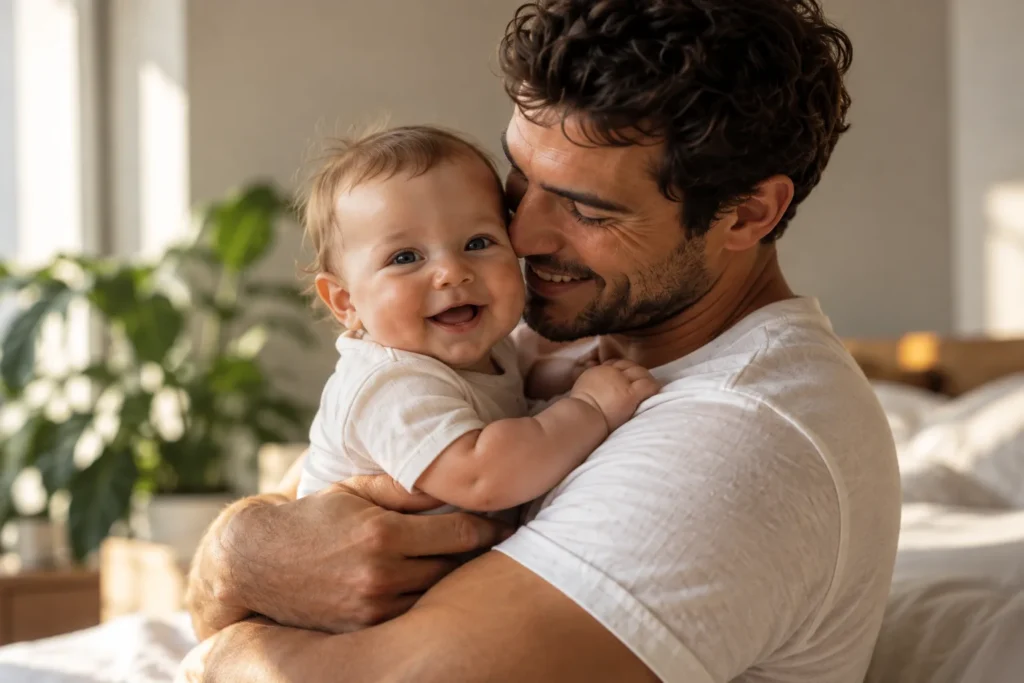Father holding his smiling baby at home in morning light