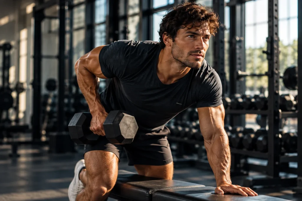 Man doing a one-arm dumbbell row during strength training