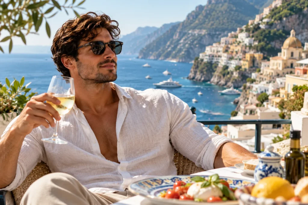 Man relaxing on a sunny terrace above the sea with a Mediterranean lunch