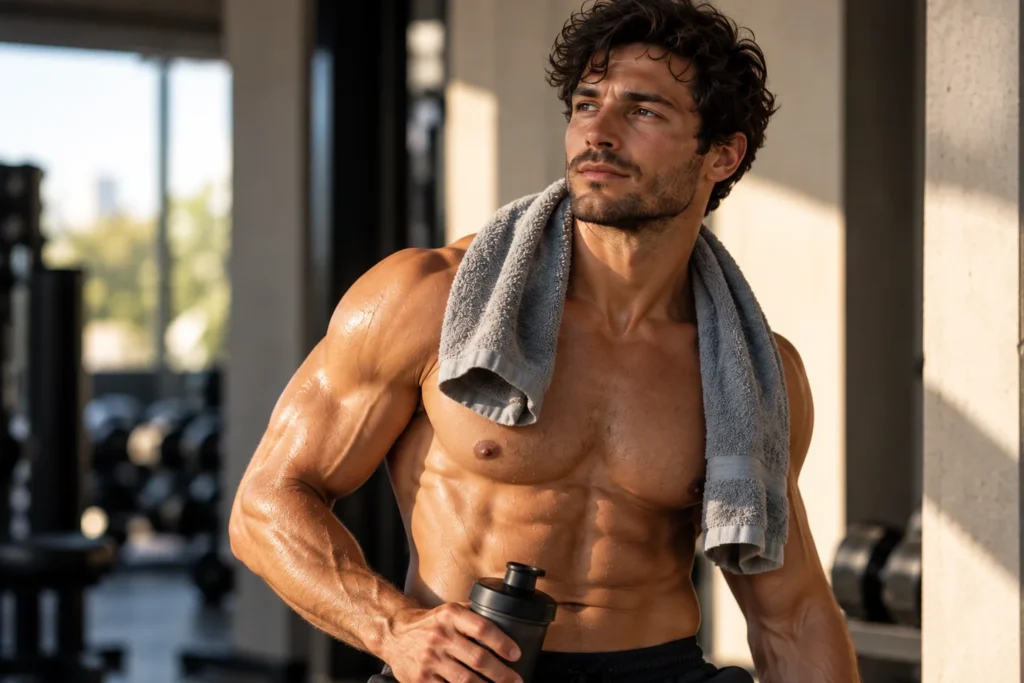Man resting after a workout with a towel and a water bottle