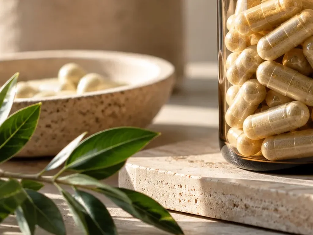 Stone bowl of capsules beside fresh green leaves in sunlight