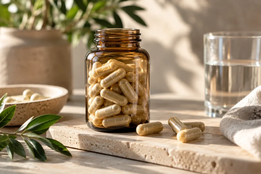 Amber glass jar of supplement capsules beside a glass of water