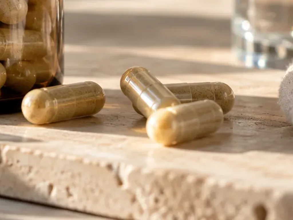 Loose supplement capsules on a travertine stone tray