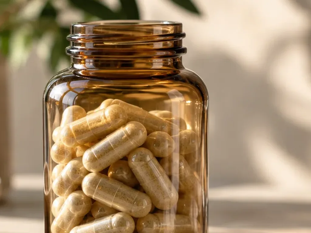 Close-up of an amber glass jar filled with supplement capsules