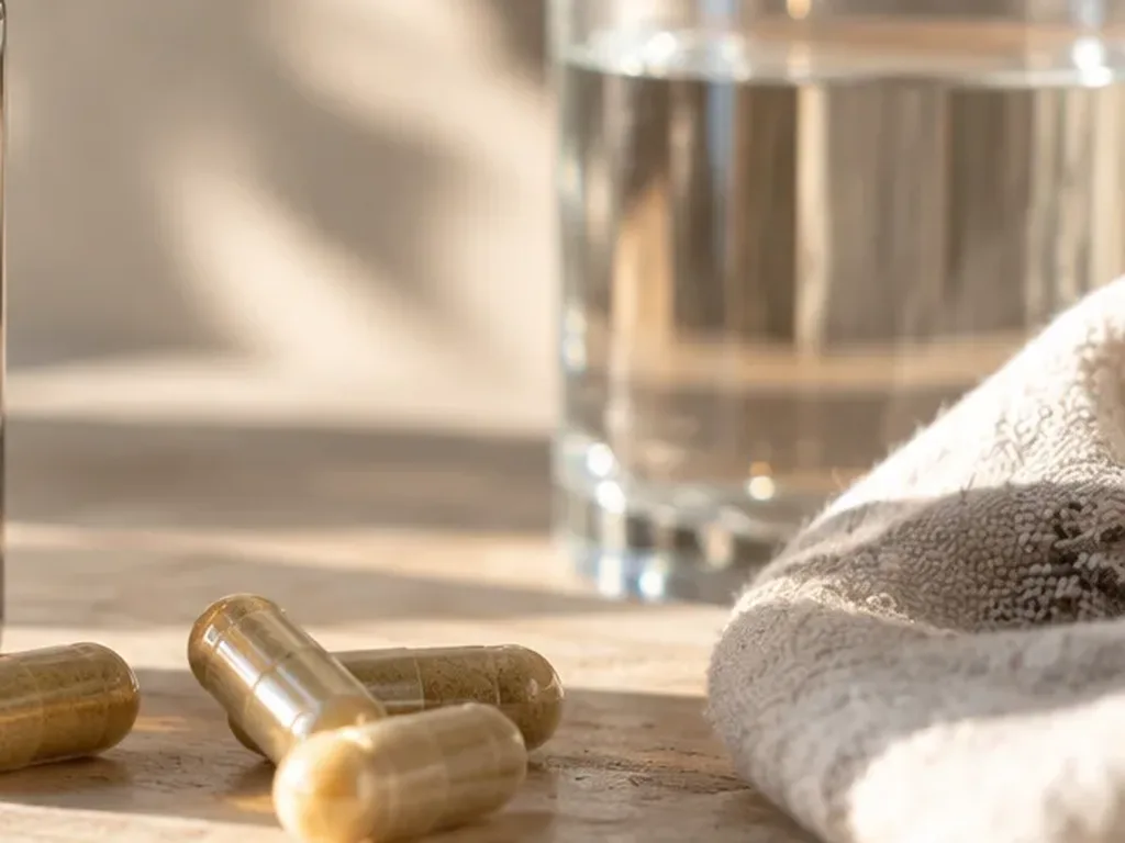 Glass of water in soft light next to supplement capsules