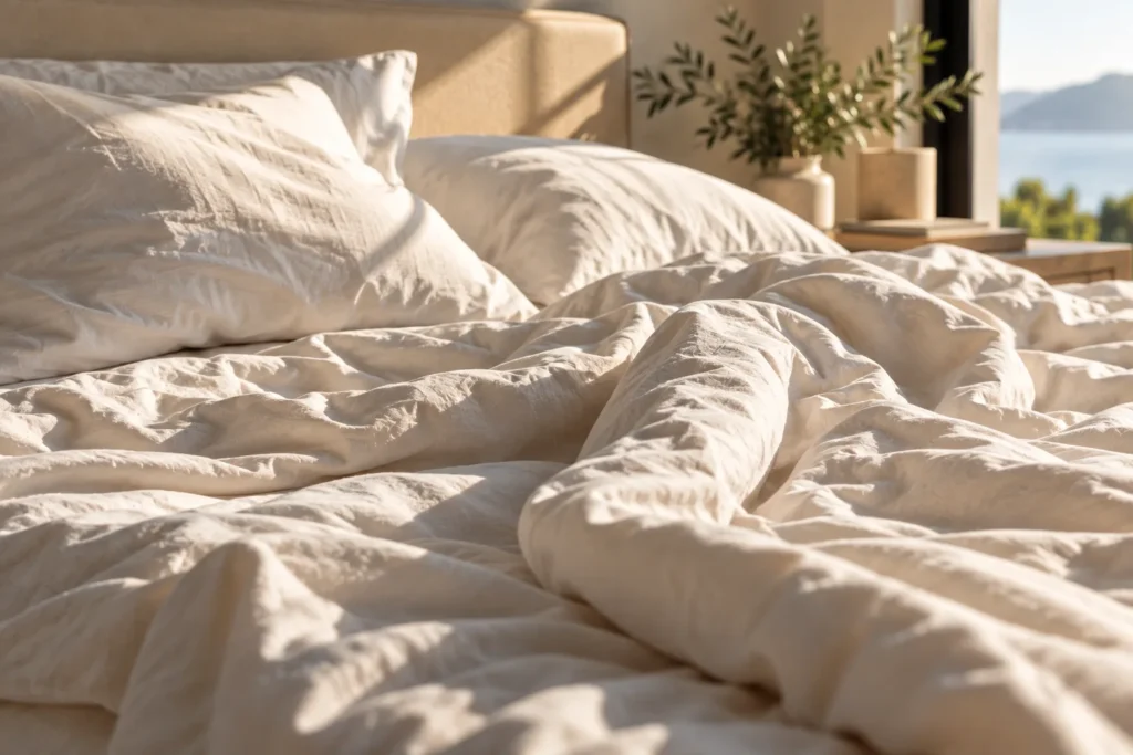 Unmade bed with linen sheets in soft morning light